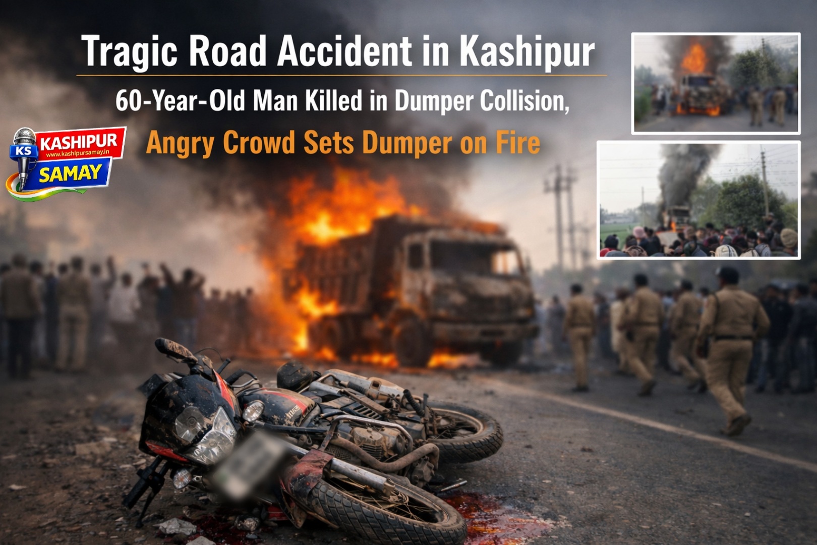 काशीपुर में दर्दनाक सड़क हादसा, डंपर की टक्कर से 60 वर्षीय व्यक्ति की मौत आक्रोशित भीड़ ने डंपर में लगाई आग। – Tragic road accident in Kashipur, 60-year-old man killed in dumper collision, angry crowd sets dumper on fire